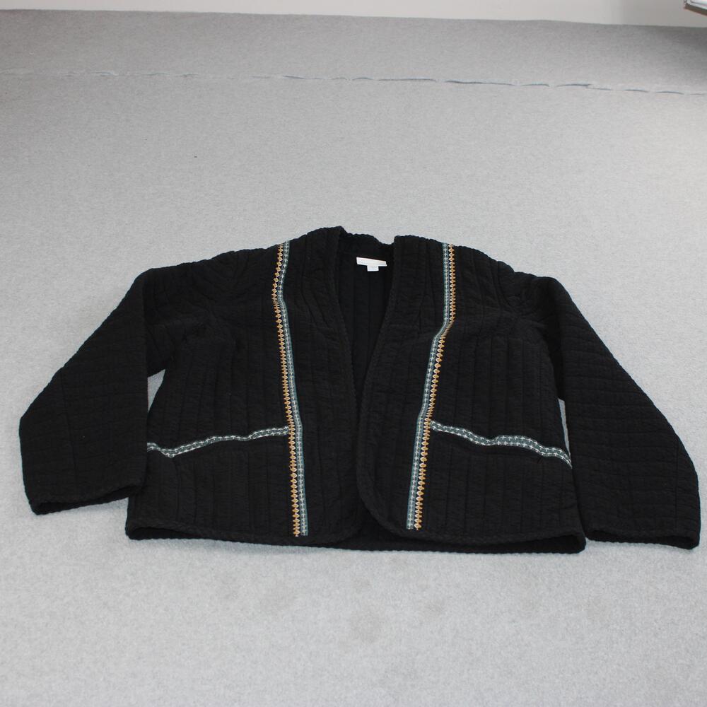 Pure Jill Jacket Women Medium Black Quilted Embroidered Open Front Boho Classic